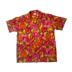 Ululani Sportswear Hawaii Vintage Aloha Shirt Rare Pink Orange Floral Sz L
